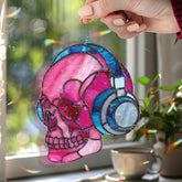 Skull Headphones Acrylic Suncatcher, Stained Glass Style Pink Skull with Blue Headset Window Hanging, Gothic Music Lover Home Décor Gift